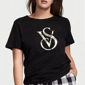 Victoria's Secret Metallic Logo Black Short Sleeve Pajama Top size medium